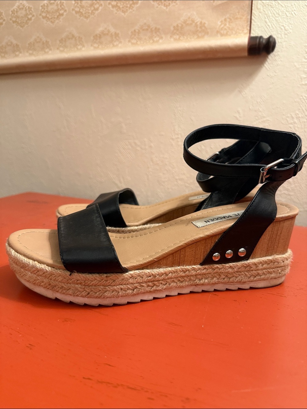 Steve Madden Jewell Black Espadrille Wedge Sandals with Ankle Strap size 8
